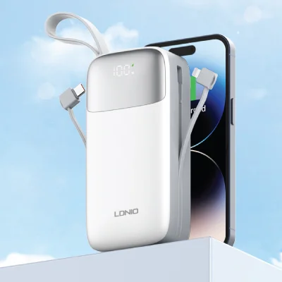 Ldnio PQ30 30,000mAh USB-C Charging Power Bank, Built-in USB-C/Lightning cables, 18W input & 22.5W output, Press switch & LED display