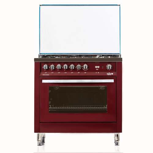 Scanfrost 90 x 60 CM Gas cooker | 5 Gas Burner + Central wok burner | Gas Oven with Grill, Burgundy Red |  PRG96G2G