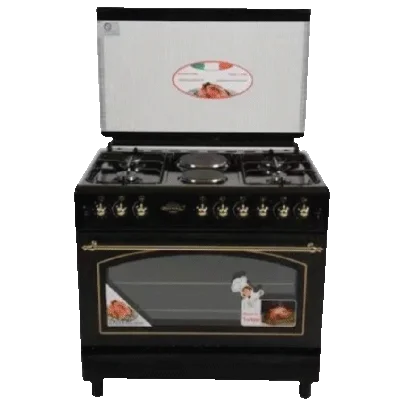 Royal Luxury Series Gas Cooker | Shiny Black Colour with Gold Rustiq Button and Handle | 4 Gas Burner + 2 Hotplate | Gas Oven + Gas Grill | RPG6942BC