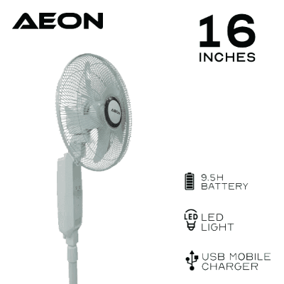 Aeon Rechargeable Standing Fan; 16inch, With Remote, With USB, Silent 3-Speed Operation, Bright LED Light, Sturdy Weighted Base, Extendable Pole | ARF-16B