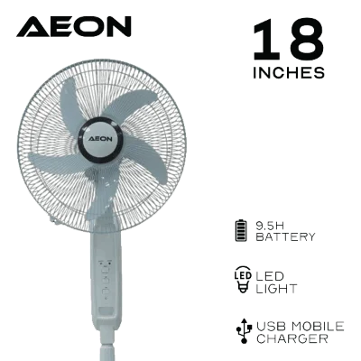 Aeon Rechargeable Standing Fan; 18inch, With Remote, With USB, Silent 3-Speed Operation, Bright LED Light, Sturdy Weighted Base, Extendable Pole | ARF-18B