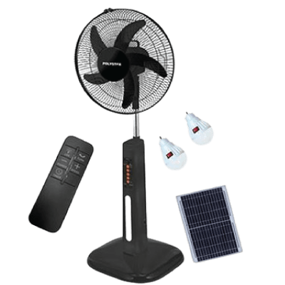 Polystar 3 in 1 16" Inches Rechargeable Standing Fan With solar Panel and 2pcs LED Bulb | PV-8516B